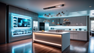 An elegantly remodeled kitchen with sleek modern appliances and a transparent floating holographic display showcasing a detailed cost breakdown.
