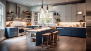 A sleek, modern kitchen filled with contractors and designers busy at work, surrounded by blueprints, calculators, and a checklist of renovation costs, under soft, inviting lighting.