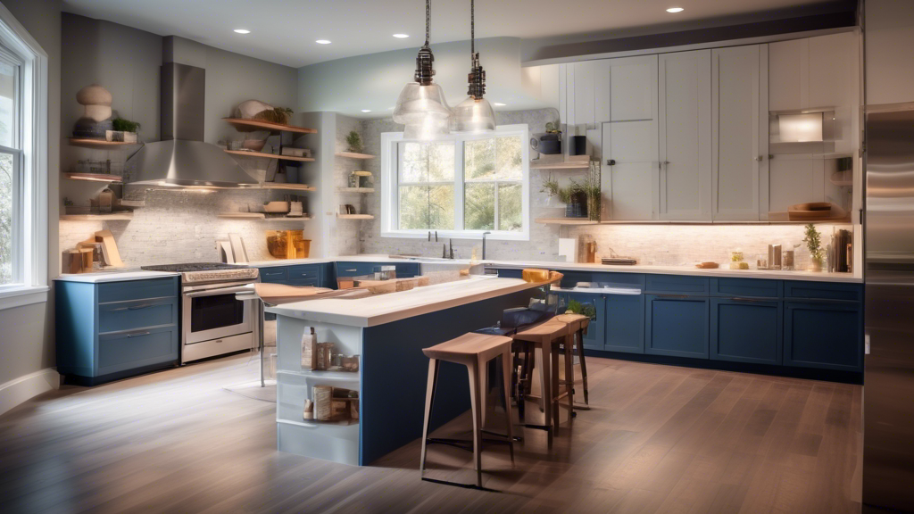 A sleek, modern kitchen filled with contractors and designers busy at work, surrounded by blueprints, calculators, and a checklist of renovation costs, under soft, inviting lighting.