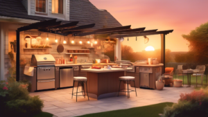 Create a detailed illustration of a family enjoying a newly installed outdoor kitchen in their backyard, with a transparent overlay showing price tags next to various components like the grill, sink, and patio furniture, with a soft sunset in the background.