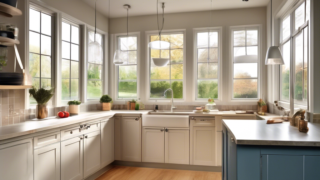 An illustrated guide showcasing diverse styles of kitchen windows being installed in modern and traditional kitchens with a transparent price tag floating beside each.