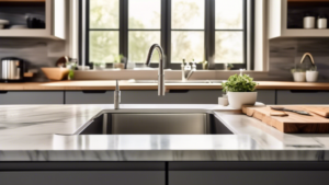 An infographic showing a modern kitchen with a focus on a newly installed sink and faucet, including a breakdown of costs and the steps involved in the upgrade process, set against a backdrop of a stylish, contemporary home interior.