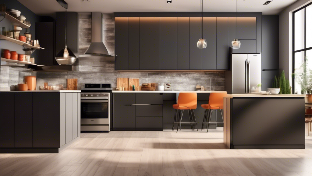 An infographic showcasing a comparison of sleek, modern kitchen appliances with price tags floating above each, set in a stylish, contemporary kitchen interior, highlighting the 2024 pricing trends.