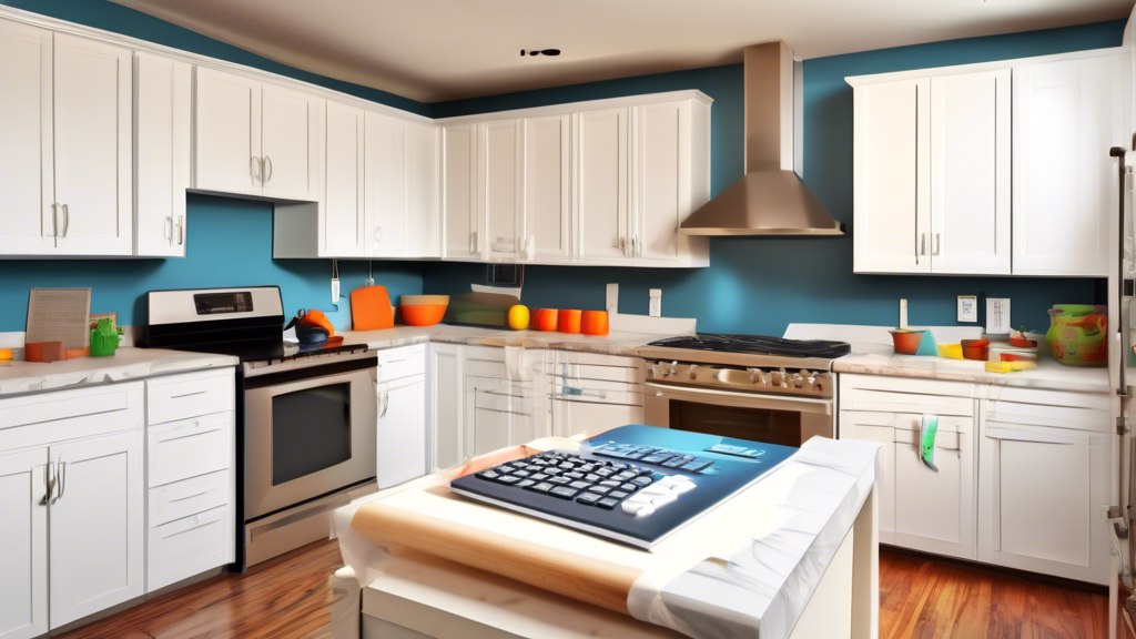 A bright and modern kitchen being remodeled on a budget, with a calculator, blueprints, and money on the countertop, in a digital illustration style.