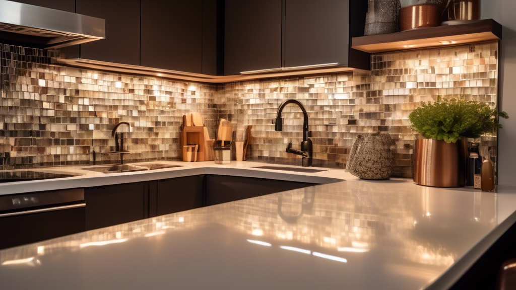 An intricately detailed and modern kitchen showcasing a variety of stylish backsplash designs with transparent cost labels floating beside each, illuminated by warm, inviting lighting.