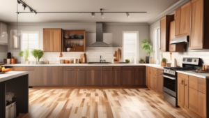 An infographic illustrating a comparison of costs for various kitchen flooring upgrade options in 2024, with bar graphs, icons of materials such as hardwood, tile, vinyl, and laminate, and stylish kitchen interiors in the background.
