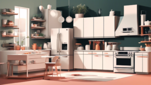 An illustrated infographic showcasing the budgeting guide for upgrading kitchen appliances in 2024, featuring a modern kitchen with futuristic appliances and a breakdown of costs.