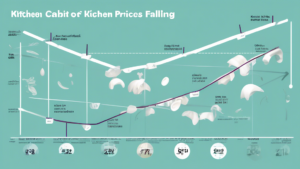 An illustrative infographic showing a trend line graph of kitchen cabinet prices rising and falling over the years, with key points marked for 2024 forecasts surrounded by various modern kitchen designs.