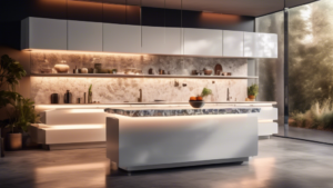 A futuristic kitchen with a variety of advanced countertops displaying price tags, trends, and forecast charts for 2024, illuminated by modern lighting – showcasing a blend of natural stone, recycled glass, and high-tech materials.