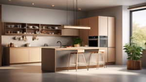 A sleek and modern kitchen illustrating the latest 2024 design trends, featuring innovative storage solutions, smart appliances, and sustainable materials, with a visible price tag floating above each item to emphasize their impact on overall cost.