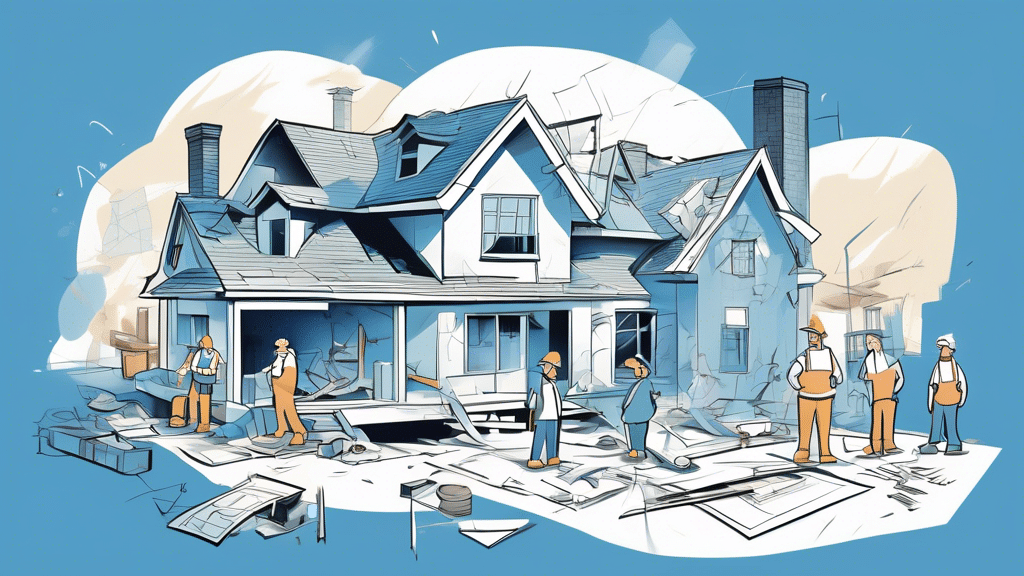 An illustration of a cartoon house with visible chaotic renovation mistakes, including a slanted roof, mismatched windows, and a crooked door, with worried homeowners and a perplexed contractor looking at blueprints outside.