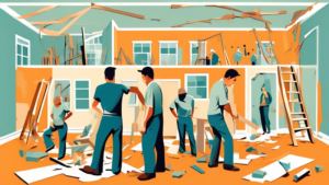 An illustration of a chaotic home renovation scene depicting the seven major mistakes homeowners make, with visual metaphors like a crooked foundation, mismatched paint colors, and a measurement tape tangled around puzzled individuals, set against a background of a half-renovated house.