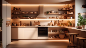 A cozy, modern kitchen in 2024, showcasing a variety of innovative and affordable storage solutions, including hanging shelves, under-cabinet organizers, and clever use of vertical space, all illuminated by warm, ambient lighting.