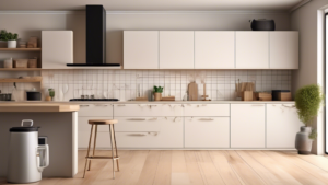 An infographic showcasing a detailed breakdown of anticipated average kitchen renovation costs in 2024, including cabinetry, appliances, and labor, in a sleek, modern kitchen setting.