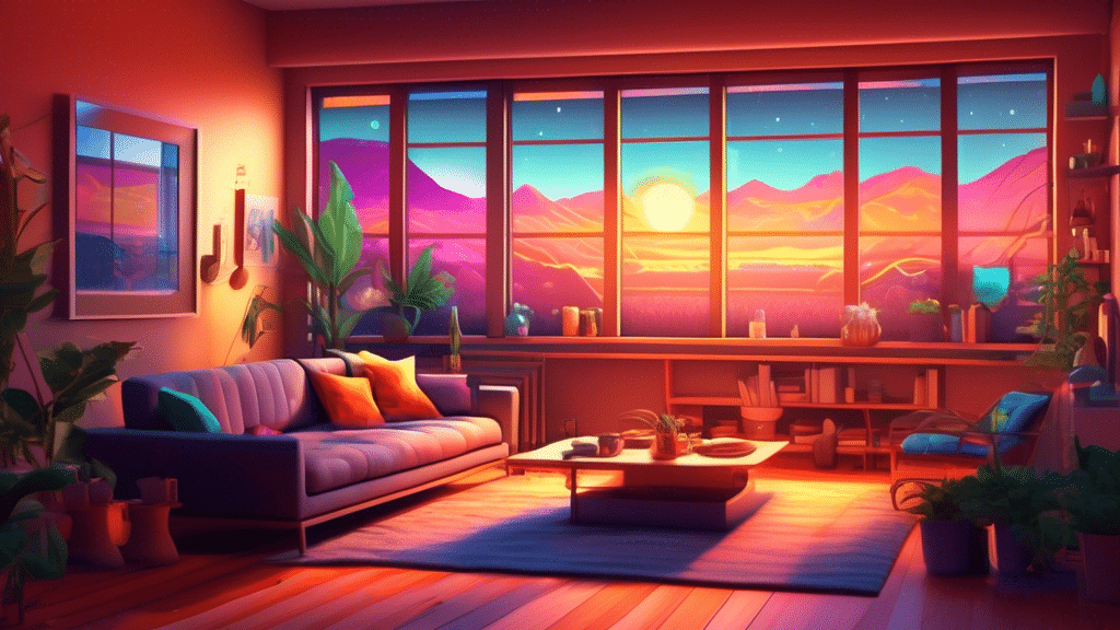 A cozy, modern living room with energy-efficient upgrades, including solar panels on the roof visible through a large window, LED lighting, and a smart thermostat, illustrated in a vibrant, detailed style.