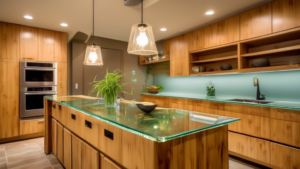 An elegantly remodeled kitchen with bamboo cabinets, energy-efficient appliances, recycled glass countertops, and LED lighting, emphasizing the eco-friendly and cost-effective theme for 2024.