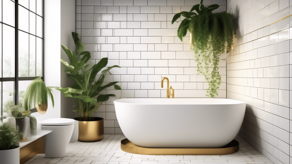 A sleek, modern bathroom decorated with white subway tiles, featuring a green plant and gold accents, beautifully illuminated by soft, natural light.
