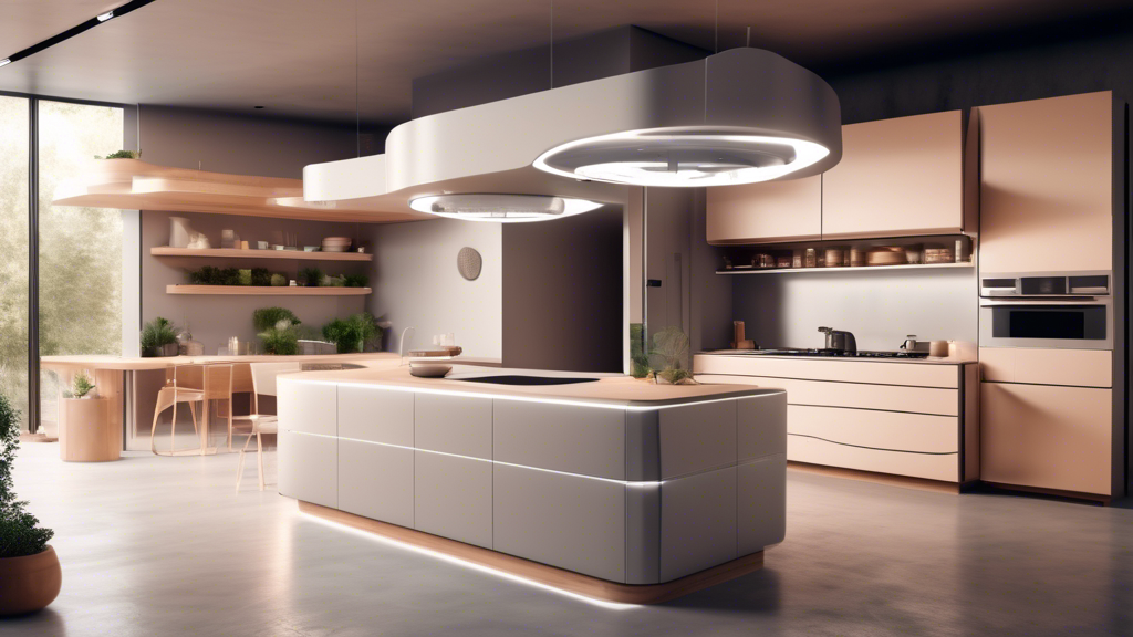 A futuristic kitchen renovation showcasing the high-tech materials and sustainability solutions used to counteract the rising material costs in 2024.