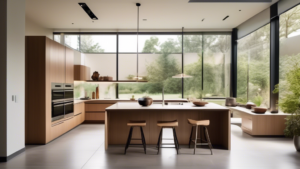 An elegant, modern kitchen with sleek appliances, natural light pouring in through large windows, and a central island featuring the latest in sustainable design materials, perfectly blending functionality and aesthetic appeal for enhancing property value.