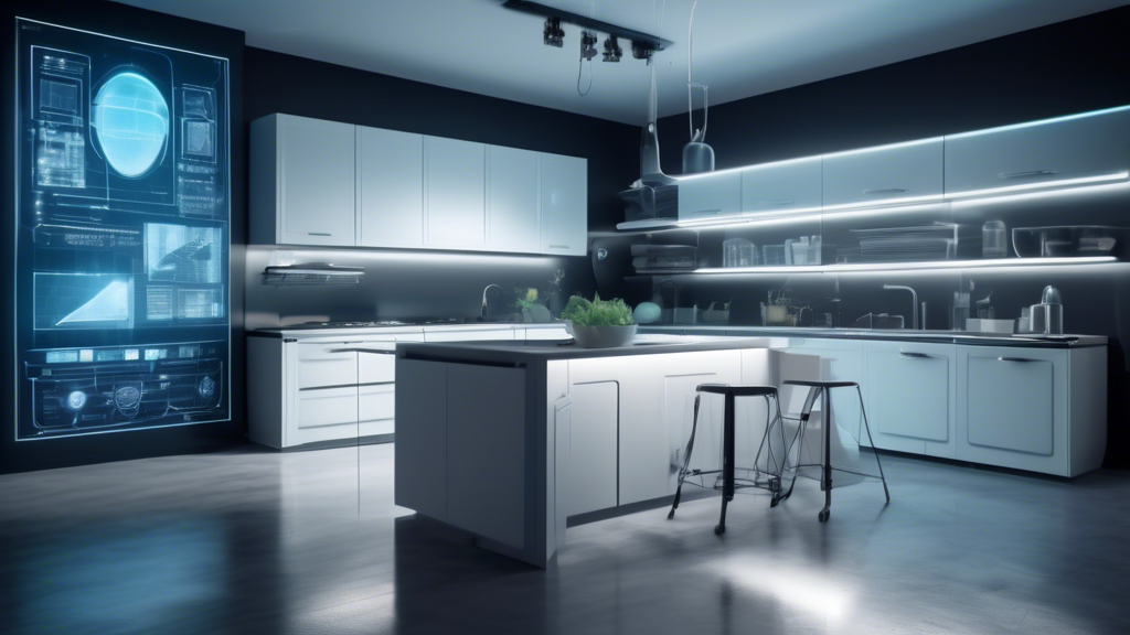 A modern, spacious kitchen undergoing renovation with futuristic tools and a floating holographic display showing projected costs and blueprints for 2024.