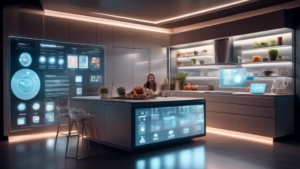 A futuristic smart kitchen filled with integrated gadgets and appliances, showcasing a transparent screen displaying a comprehensive guide to integration costs for 2024, with a family interacting with the technology.