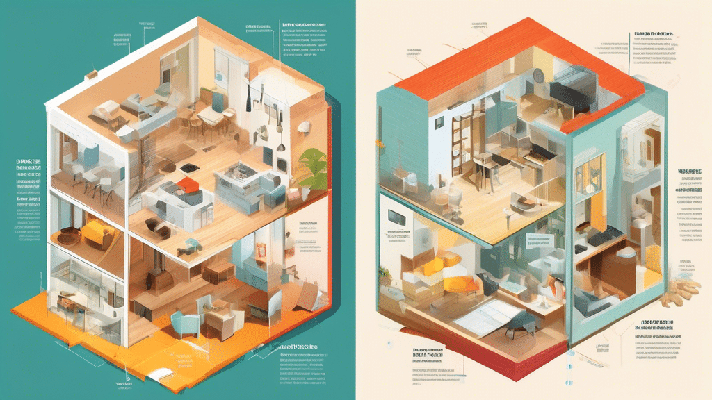 An illustrated guide covering various home renovation projects, showing a split image comparing estimated budgets and the actual transformation, displayed in a visually appealing infographic style.