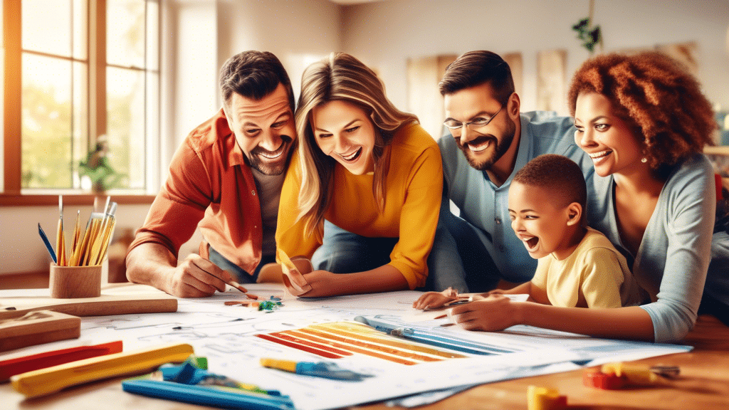 An illustration of a happy family reviewing a detailed and colorful infographic displaying a breakdown of various home renovation costs, including construction tools and materials, in a light-filled, cozy living room with a house blueprint on the table.