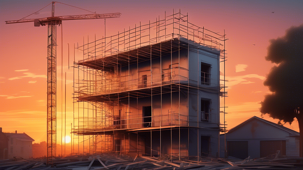 An illustration of a partially renovated house exterior showcasing scaffolding, with cost figures floating above, against the background of a sunset.