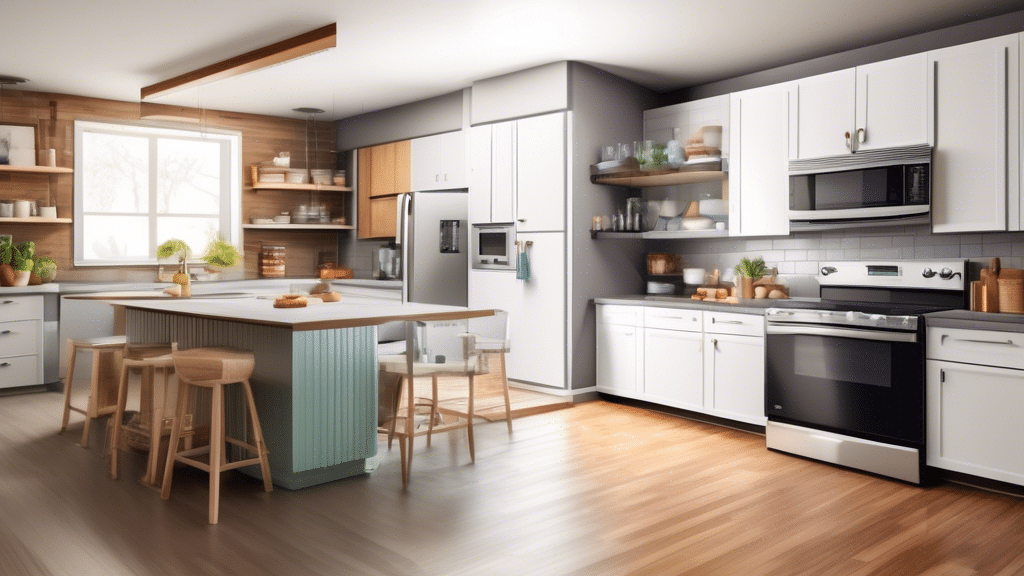 An illustration of a split kitchen, one side before renovation with outdated appliances and décor, and the other side showing a modern, upgraded kitchen, with a transparent floating ledger in the middle detailing various renovation costs.