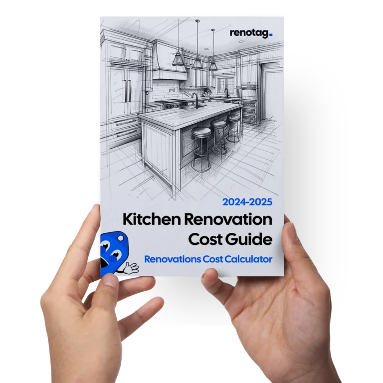 A visually detailed infographic highlighting the breakdown of expenses in an average Canadian kitchen renovation, in the form of a Kitchen Renovation Cost Guide by Renotag, the Renovation Calculator.