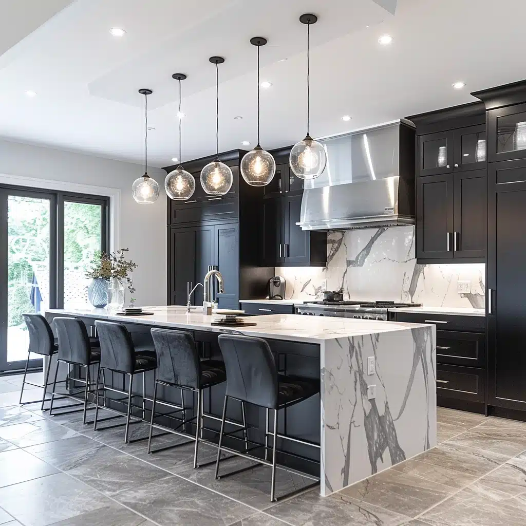 A large renovated kitchen with luxury accents, wood shaker cabinetry, a waterfall island and continuous porcelain slab backsplash made-to-match the countertops.