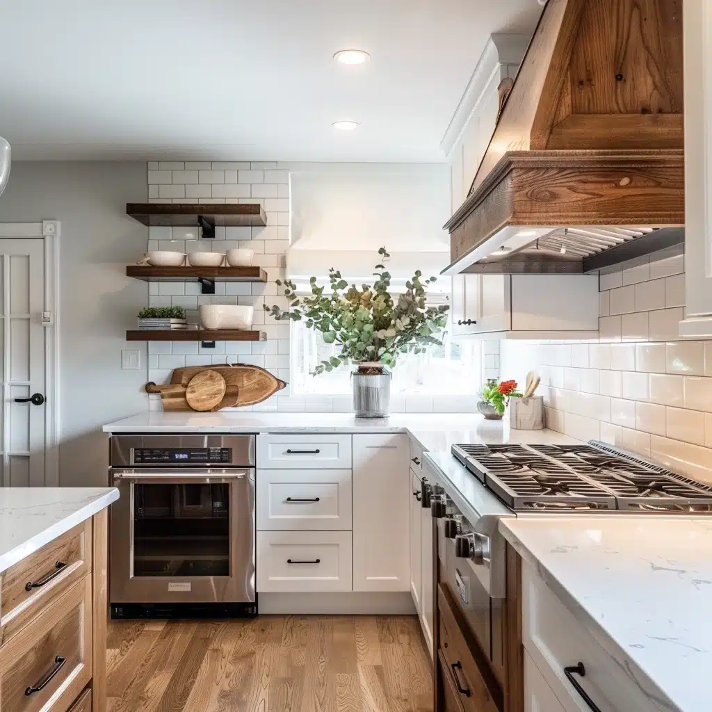 An average sized kitchen newly renovated with mid-level finishes, shaker cabinets and wood accents.