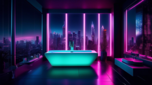 An image of a futuristic, sleek bathroom filled with the latest high-end fixtures under a glowing neon graph projecting upward trends against a dark, twilight city skyline backdrop.