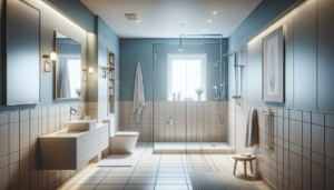 A visual tour of an average 2024 bathroom remodel. The scene includes recently renovated aspects such as a white ceramic sink with a chrome faucet, a standing shower with glass doors, and ceramic tile floor. The walls are painted in a calming light shade of blue. There are also modern touches such as LED lighting and underfloor heating system. Please note that the setting is devoid of any human presence and text. The desired output format is RAW.