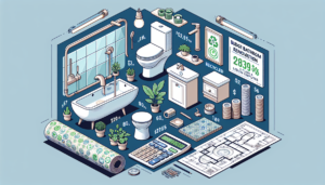 An illustration showcasing the items involved in a budget bathroom renovation in 2024. Among the items are energy-efficient LED lighting fixtures, a cost-effective porcelain sink, recycled ceramic tile flooring, high-efficiency dual-flush toilet, and affordable, but stylish faucet and shower fixtures. Include an abacus or calculator indicating budgeting, and blueprint or draft of the bathroom layout. Make sure the image gives off a feel of affordability and sustainability. The image should be in raw format with high resolution.