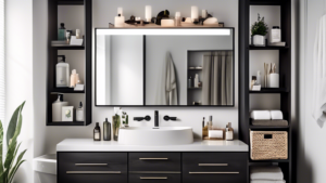 A sleek, modern bathroom featuring an elegantly upgraded vanity with budget-friendly DIY enhancements, showcasing creative storage solutions and stylish, affordable decor for 2024.