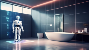 A futuristic AI robot scanning and estimating the cost of sleek, modern bathroom tiles in the year 2024, with a digital display showing calculations and numbers in a brightly lit bathroom setting.