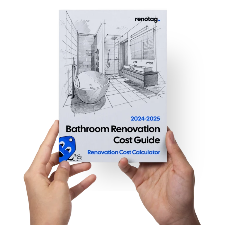 A visually detailed infographic highlighting the breakdown of expenses in an average Canadian bathroom renovation, in the form of a Bathroom Renovation Cost Guide by Renotag, the Renovation Calculator.