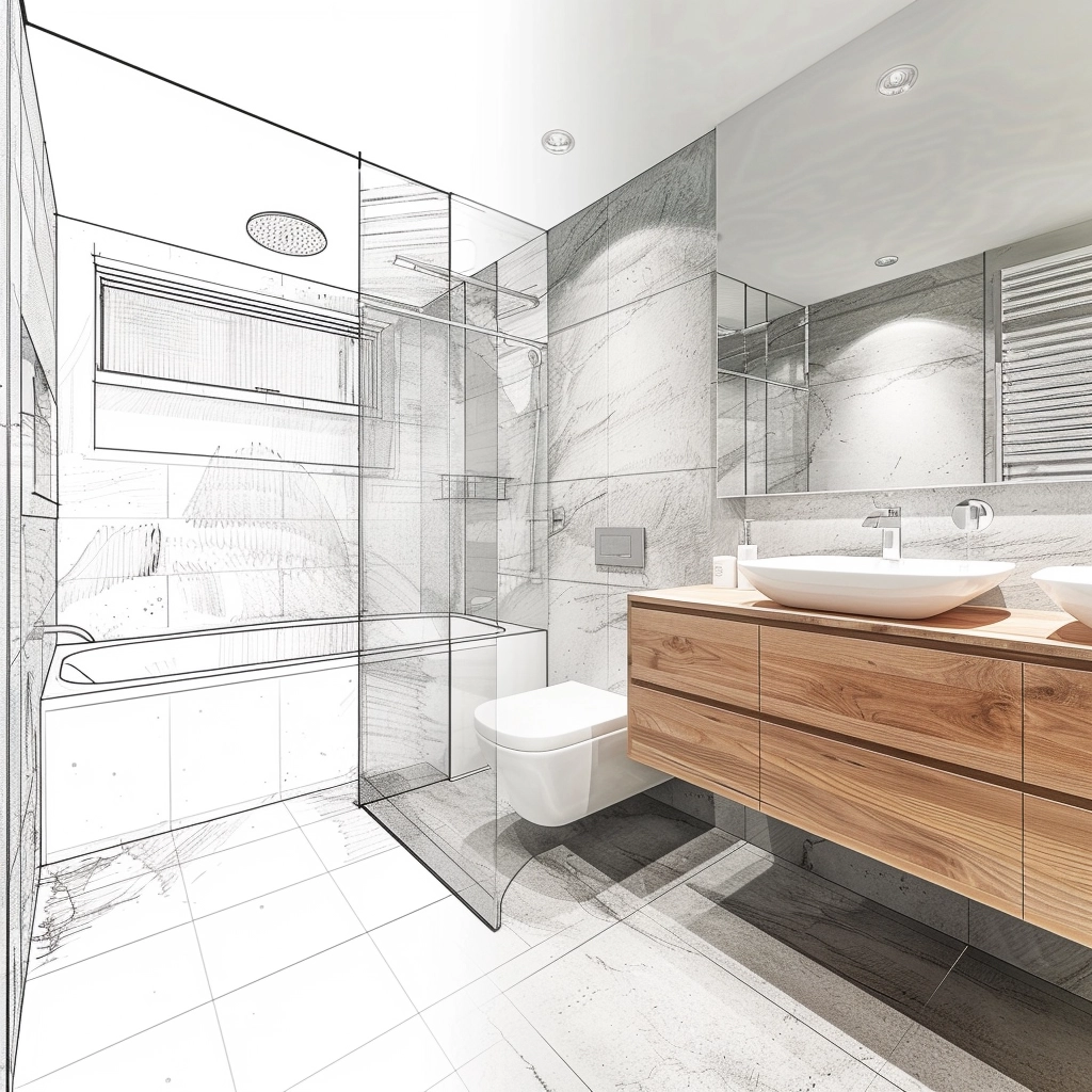 Bathroom renovation sketch and rendering displaying how the finished renovation will look.