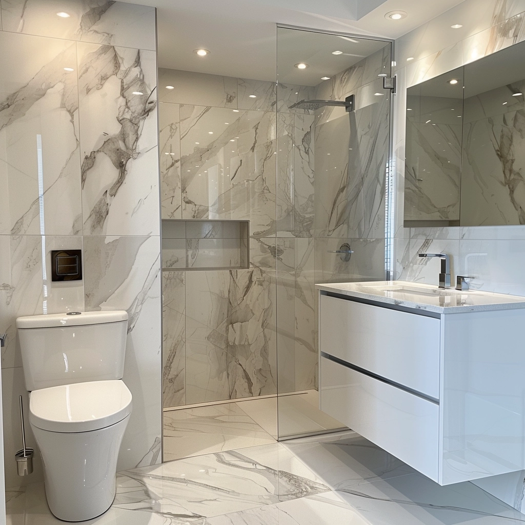 A beautifully renovated Primary Bathroom in Toronto featuring porcelain tile walls and floors, a floating vanity, bidet and glass shower doors.