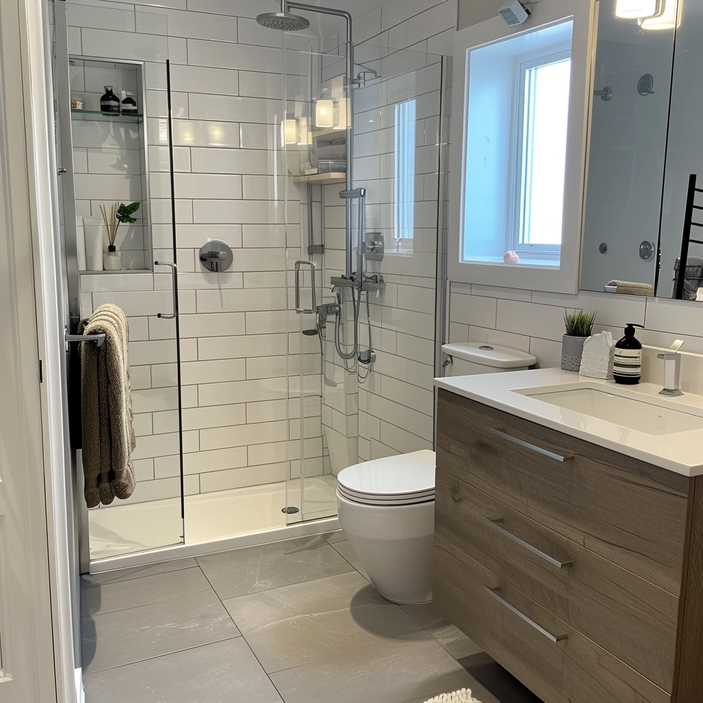An expertly renovated guest bathroom in the Greater Toronto Area featuring subway tiles, a floating vanity, and beautiful chrome finishes.