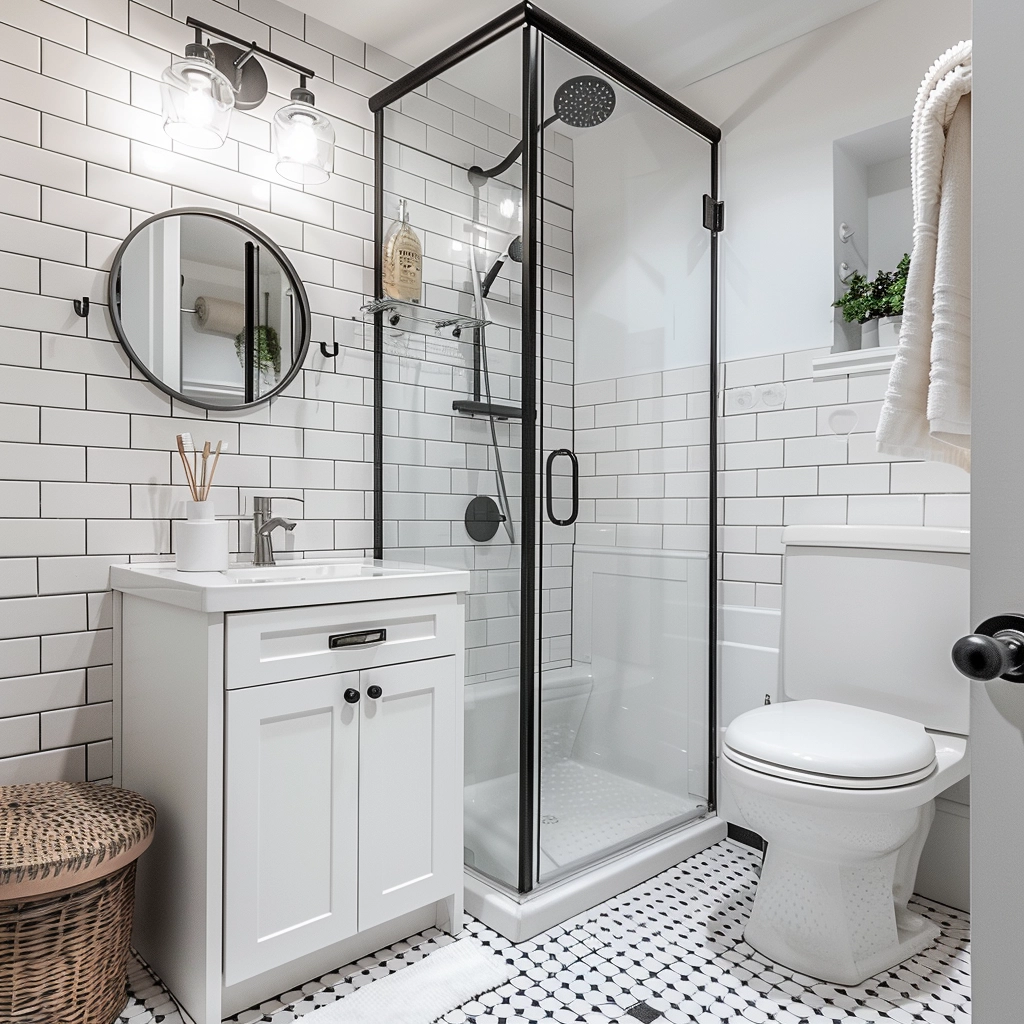 A small, low cost renovated three piece bathroom in a home basement with black finishes.